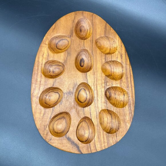 Vintage Deviled Egg Tray Plate Teak Wood Oval 12 Egg Holders Mid Century Kitchen - Picture 2 of 7